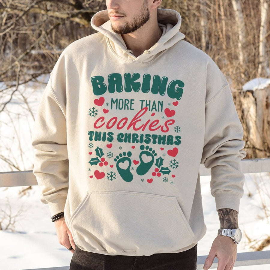 Baking More Than Cookies Pregnancy Announcement Hoodie | Cute Baby Feet Christmas Design | Cotton-Poly Blend | Premium Mom To Be Holiday Gift