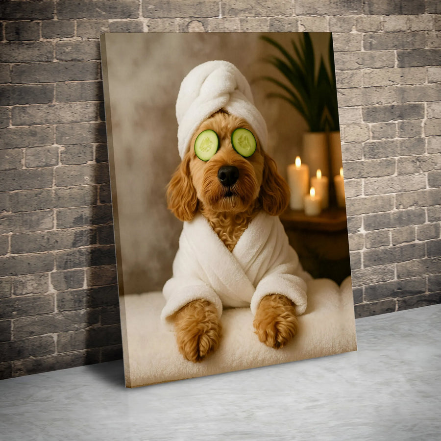 Funny Dog Spa Canvas Wall Art | Cockapoo in Bathrobe and Cucumber Slices | Gallery Wrap Premium Print | Whimsical Bathroom Home Decor Gift