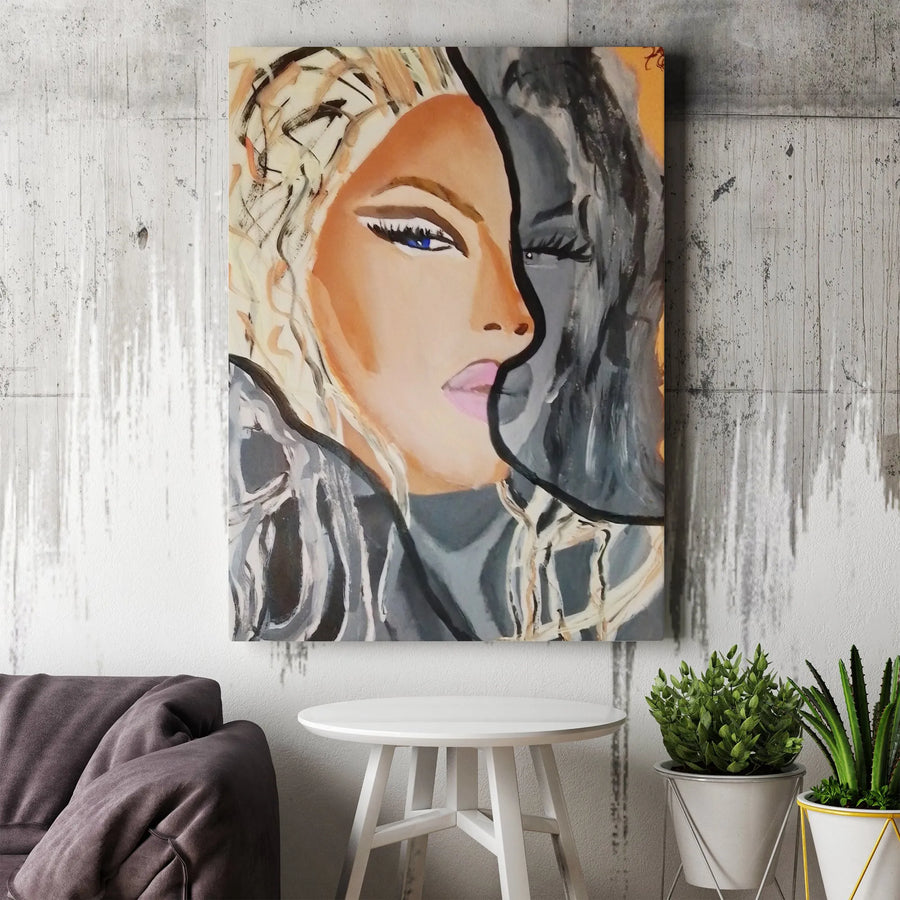 Abstract Woman Face Vertical Canvas | Split Duality Portrait Artwork | Premium Gallery Wrap Print | Modern Living Room Decor Gift