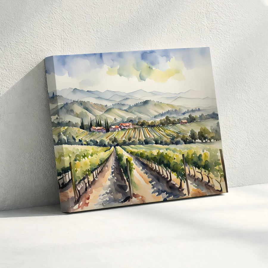 Tuscan Vineyard Canvas Wall Art | Watercolor Italian Countryside Painting | Thick Gallery Wrap Canvas | Farmhouse Kitchen Decor Gift