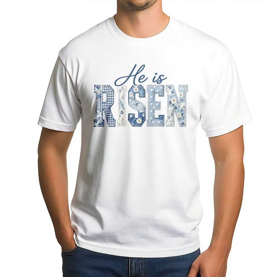 He Is Risen T-Shirt | Blue Toile Patchwork Print Design | Soft Cotton Blend | Easter Gift for Christian Women