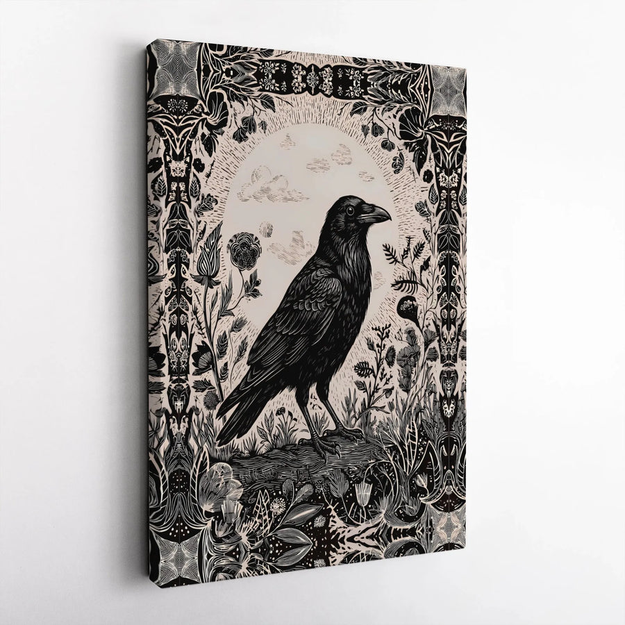 Gothic Raven Canvas Wall Art | Vintage Woodcut Style Illustration | Premium High-Resolution Print | Dark Academia Home Decor Gift