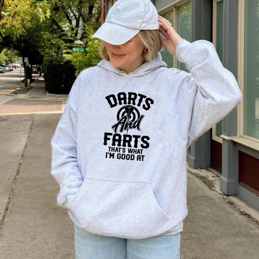 Darts And Farts Funny Hoodie | Sarcastic Darts Player Graphic Design | Premium Cotton Blend Sweatshirt | Great Gift Idea For Darts Dad Or Team