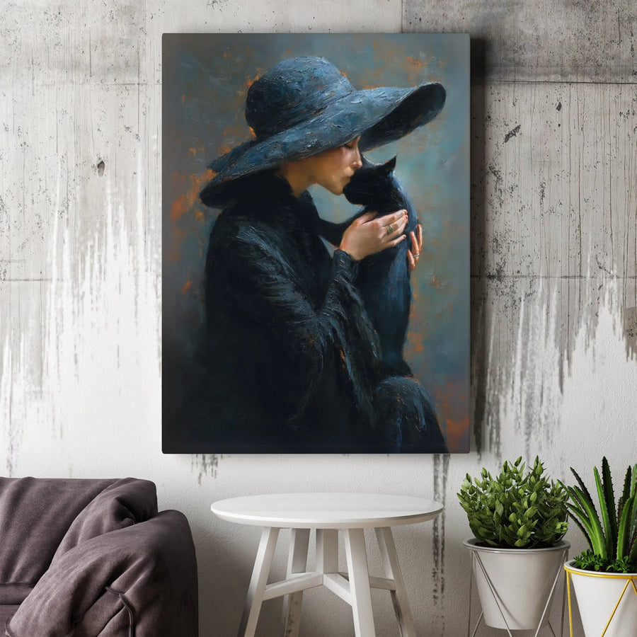Elegant Woman and Black Cat Canvas Print | Vintage Oil Painting Style Art | Thick Gallery Wrap Canvas | Dark Academia Home Decor Gift for Cat Lovers