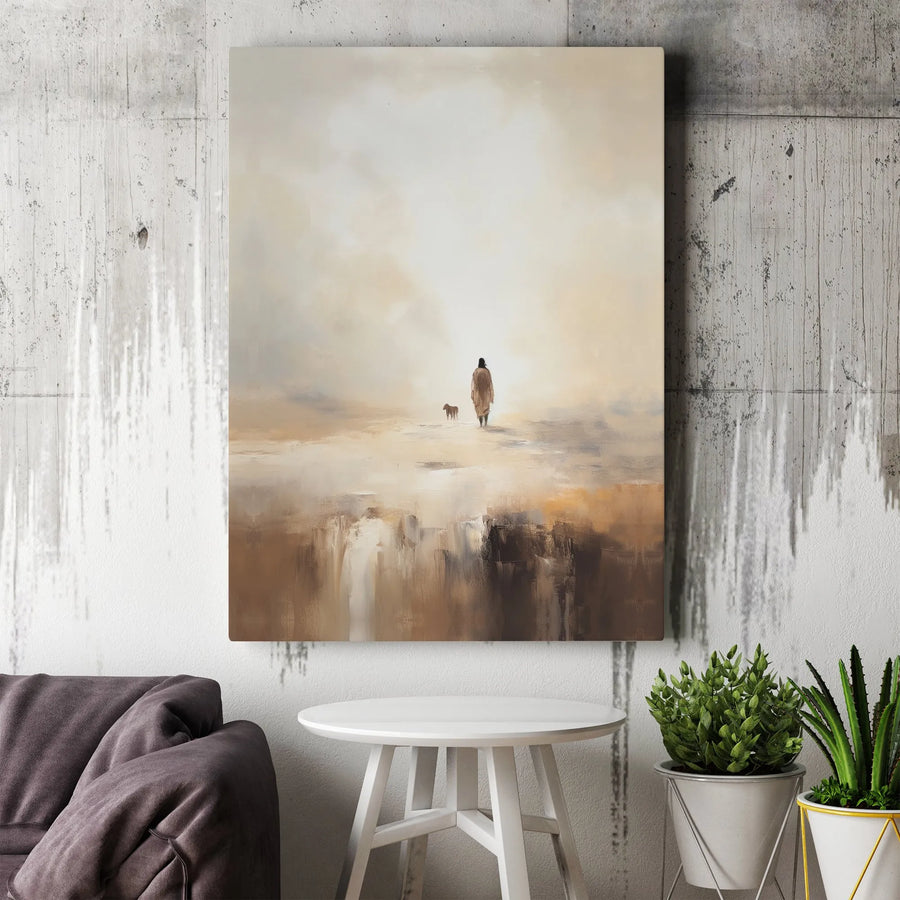 Minimalist Landscape Canvas Wall Art | Lone Wanderer With Dog Silhouette | Premium Fade-Resistant Print | Serene Home Office Decor Gift