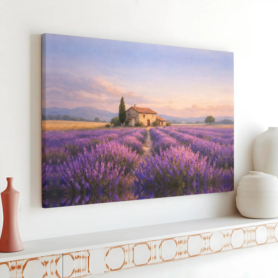 Lavender Field Canvas Art | Rustic Farmhouse at Sunset Painting | Premium Gallery Wrap Print | Gift for Living Room Home Decor