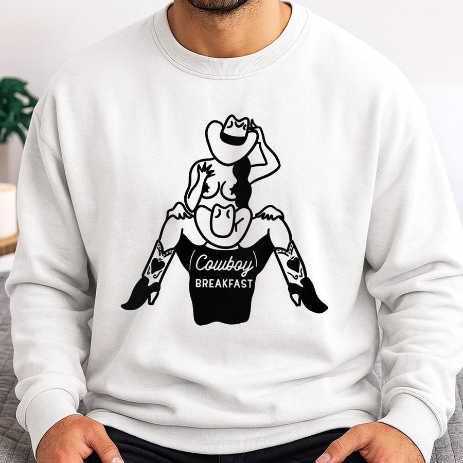 Cowboy Breakfast Sweatshirt | Western Pinup Cowgirl Graphic | Premium Cotton Blend | Funny Rodeo Gift for Country Western Lovers