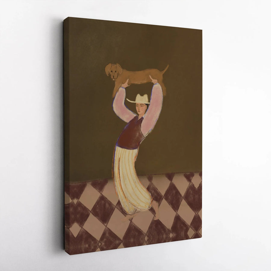 Cowboy Holding Dog Canvas Wall Art | Quirky Folk Art Style Print | Premium Gallery Wrapped Canvas | Unique Western Home Decor Gift