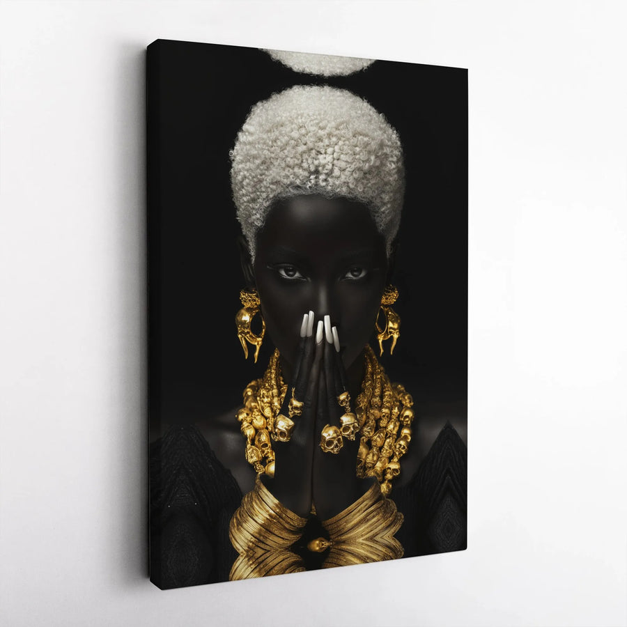 Black Queen Canvas Wall Art | Gold Skull Jewelry Portrait | Premium Gallery Wrapped Canvas | Collector's Afrocentric Home Decor Gift