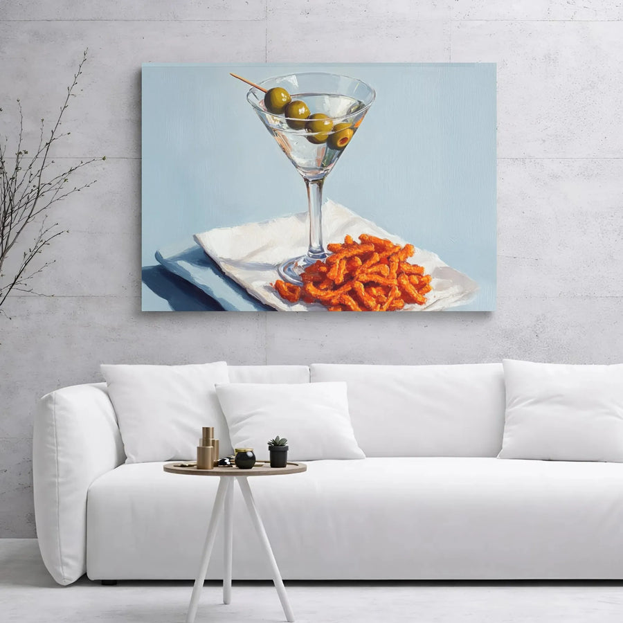 Martini and Snacks Still Life Canvas Art | Contemporary Cocktail Bar Wall Decor | Premium Stretched Gallery Wrap | Unique Gift for Foodie or Mixologist