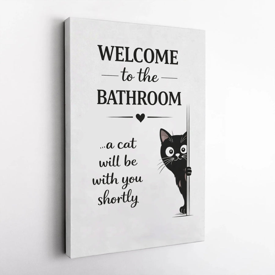 Welcome To The Bathroom Canvas Wall Art | Funny Peeking Black Cat Decor | Premium Gallery Wrapped Print | Unique Housewarming Gift For Cat Lovers