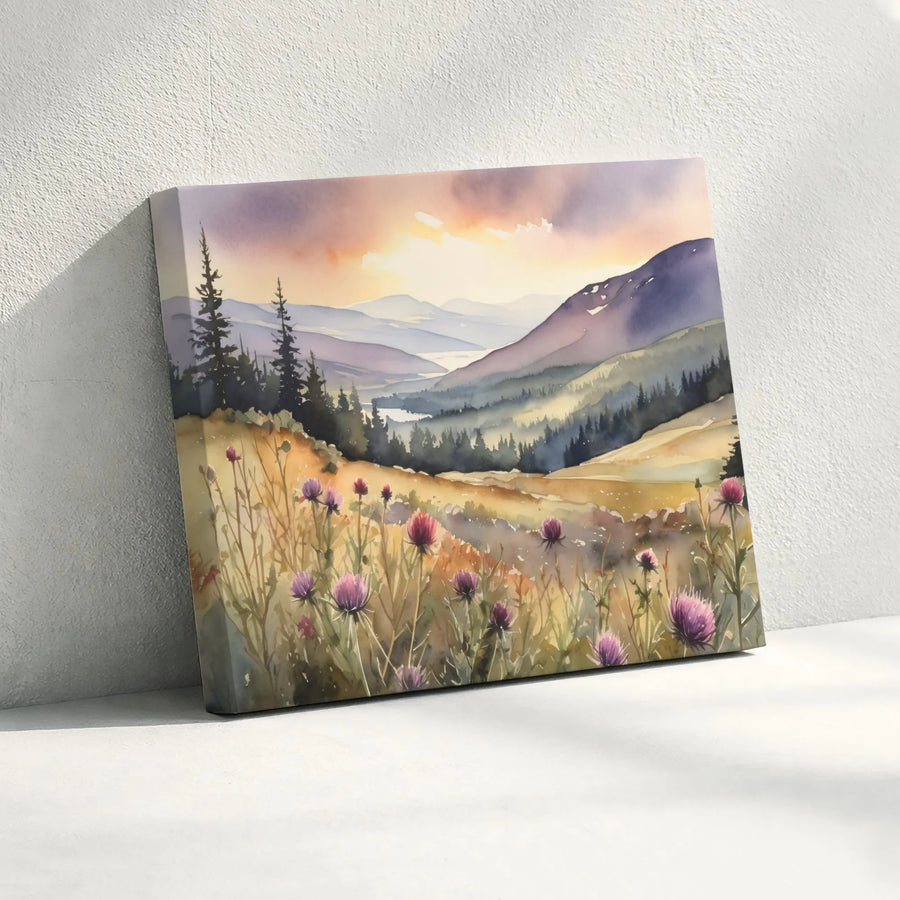 Watercolor Mountain Landscape Canvas | Purple Thistle Wildflower Meadow | Premium Gallery Wrapped Print | Modern Farmhouse Wall Decor Gift