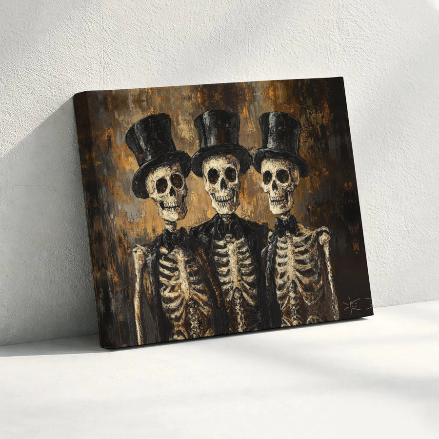 Gothic Skeleton Trio Canvas Art | Vintage Top Hat Design | 1.25 Inch Premium Gallery Wrap | Dark Academia Home Decor Gift