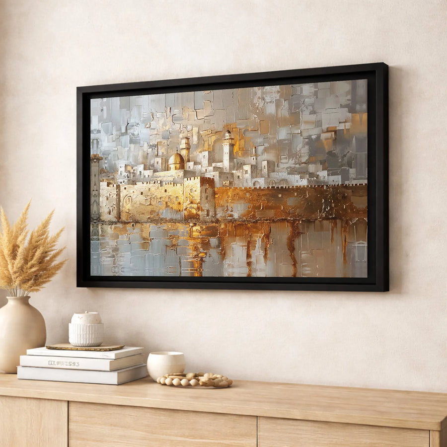 Jerusalem Old City Canvas Wall Art | Abstract Gold And Silver Texture Painting | Premium Gallery Wrap Print | Religious Home Office Decor Gift