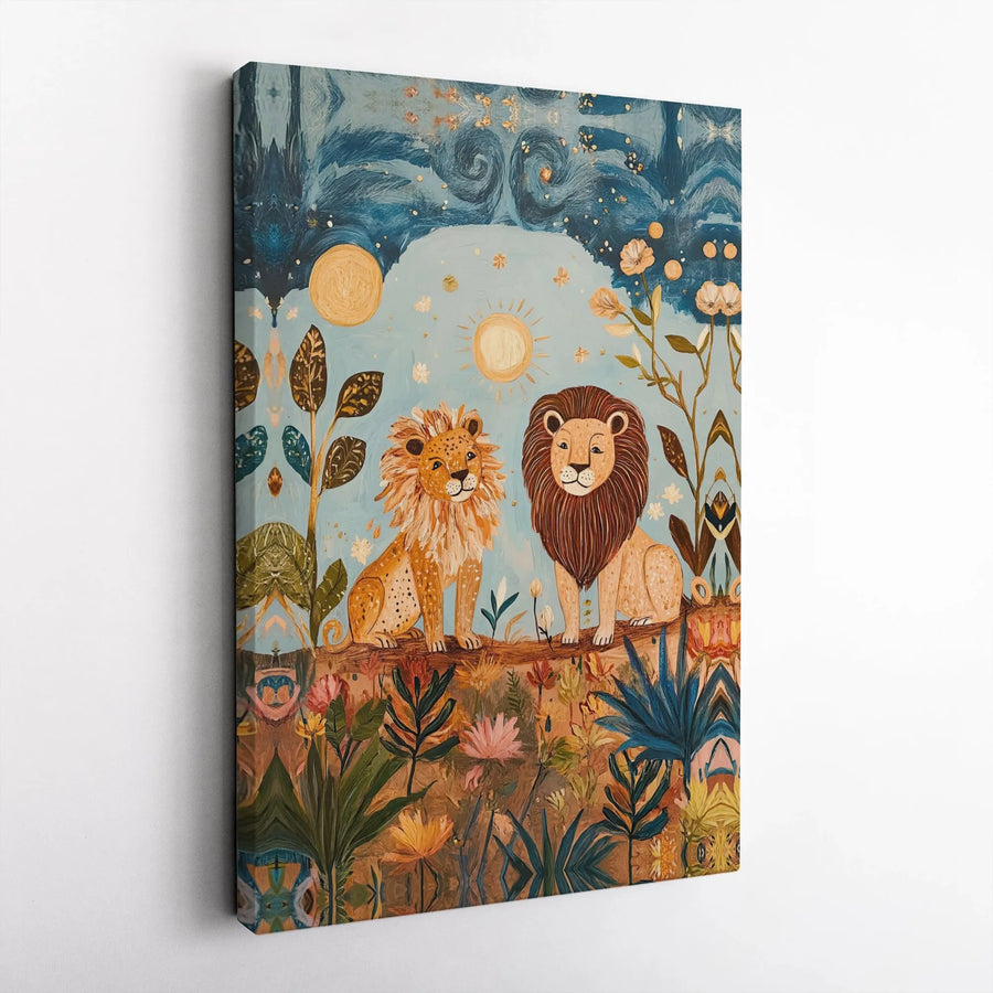 Whimsical Lion Couple Canvas Art | Celestial Jungle Folk Art Print | Premium Gallery Wrapped Canvas | Boho Nursery Decor Gift for Animal Lovers