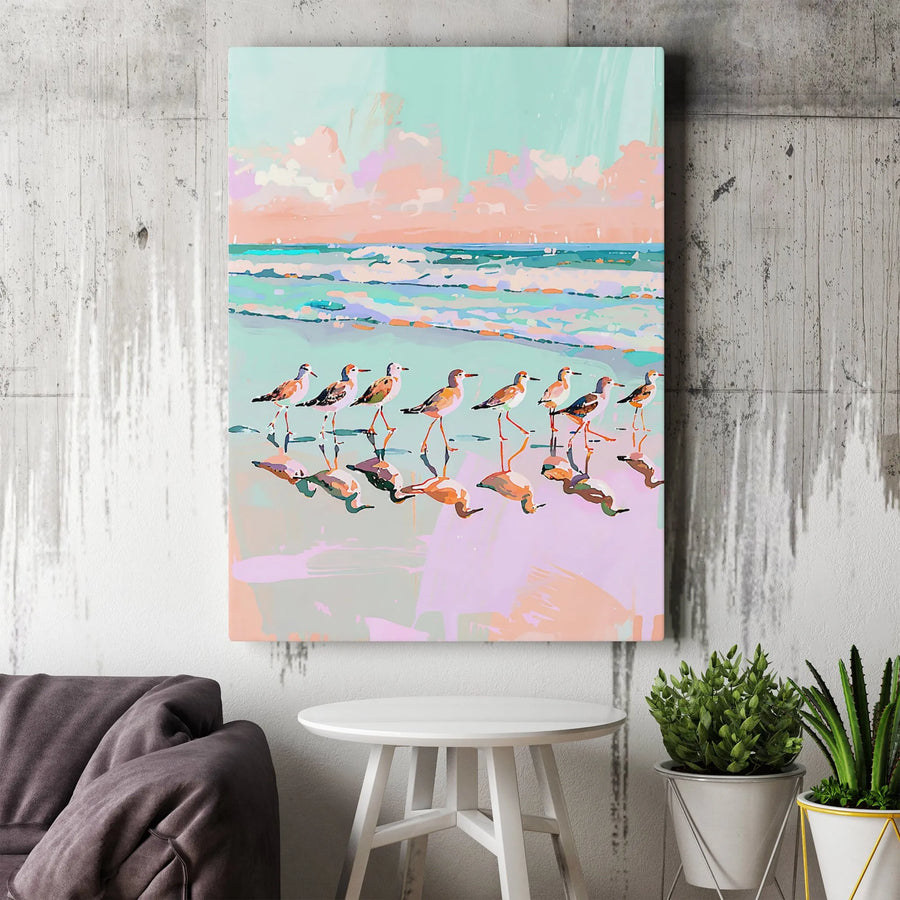 Coastal Sandpiper Wall Art | Impressionist Pastel Beach Print | Premium Gallery Wrap Canvas | Beach House Decor Gift for Bird Lovers