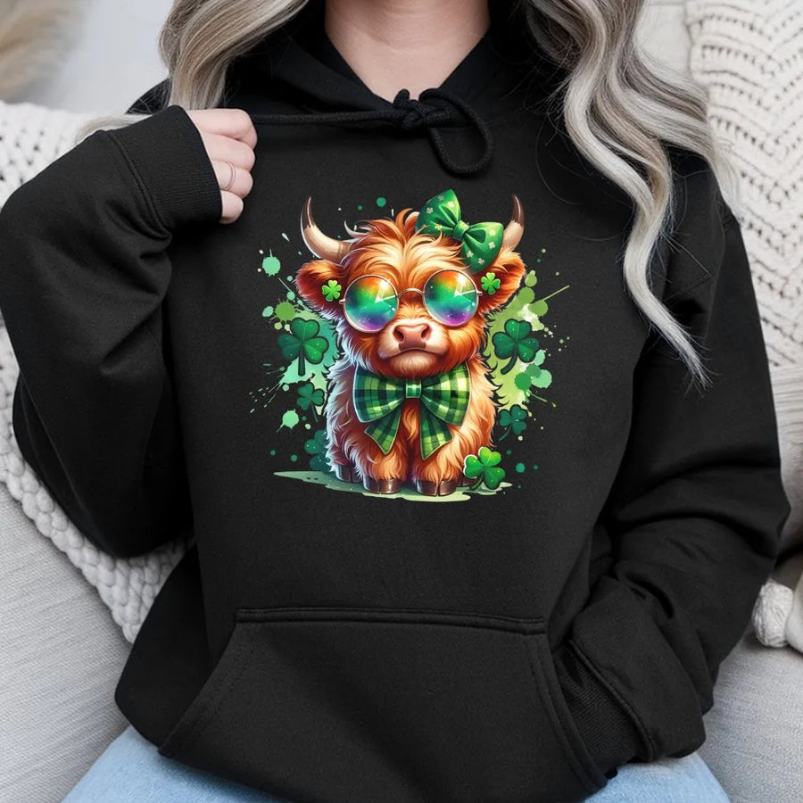 Highland Cow St. Patrick’s Day Hoodie | Cute Rainbow Glasses Shamrock Graphic | Premium Soft Cotton Blend | Irish Farm Animal Holiday Gift