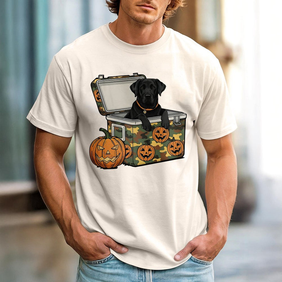 Black Lab Halloween T-Shirt | Camo Cooler Hunting Dog Graphic | Premium 100% Cotton | Spooky Fall Gift for Dog Moms and Hunters