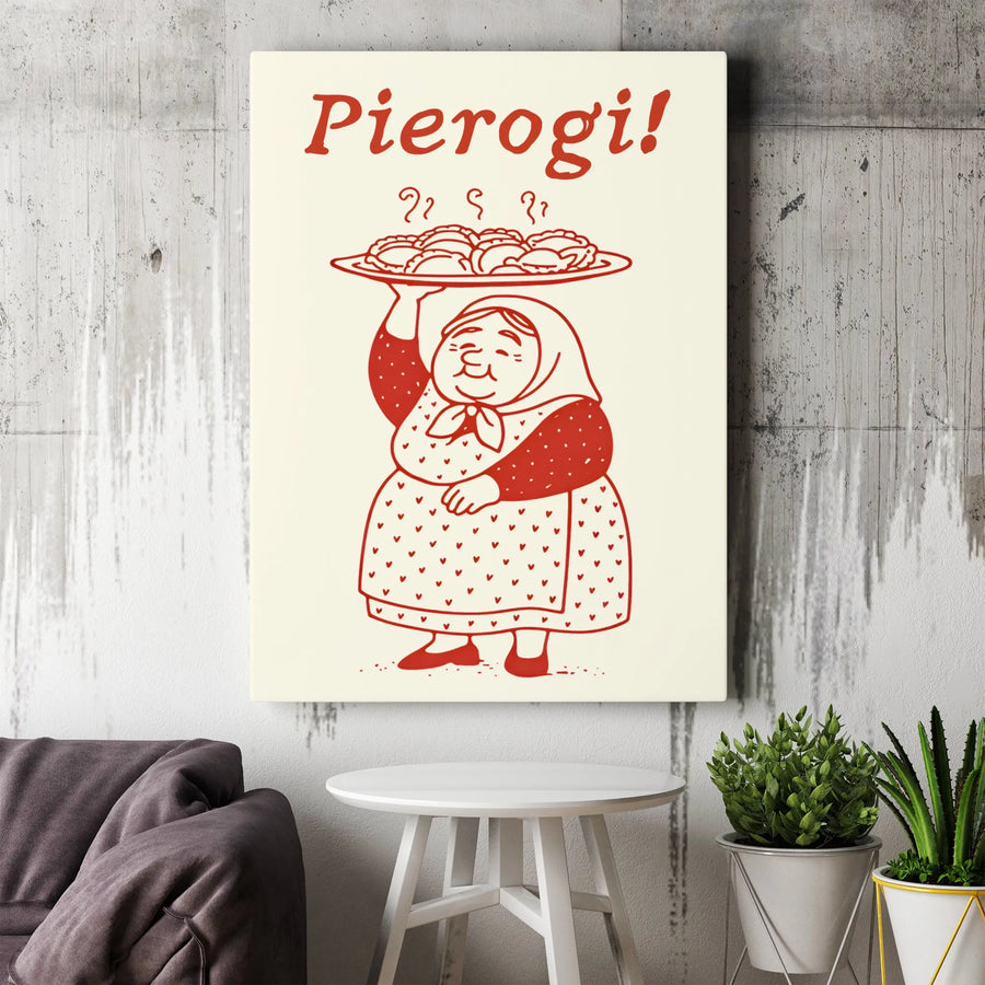 Pierogi Wall Art | Polish Babcia Holding Dumplings Illustration | Gallery-Quality 1.25 Inch Thick Canvas | Kitchen Decor Gift for Foodies
