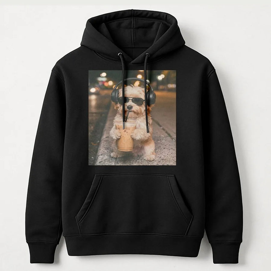 Funny Havanese Hoodie | Dog with Headphones Drinking Coffee Meme | Soft Cotton Graphic Tee | Gift for Dog Mom Lover