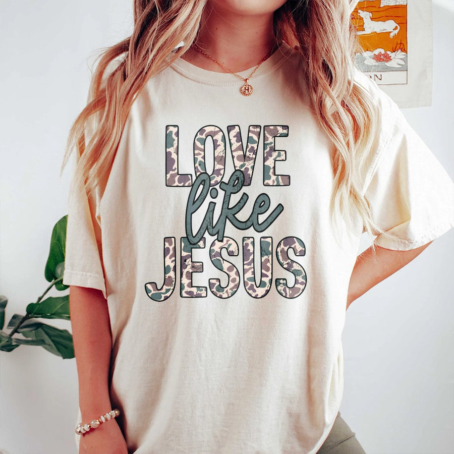 Love Like Jesus T-Shirt | Camo Print Faith Design | Premium 100% Cotton Tee | Christian Gift for Women and Men