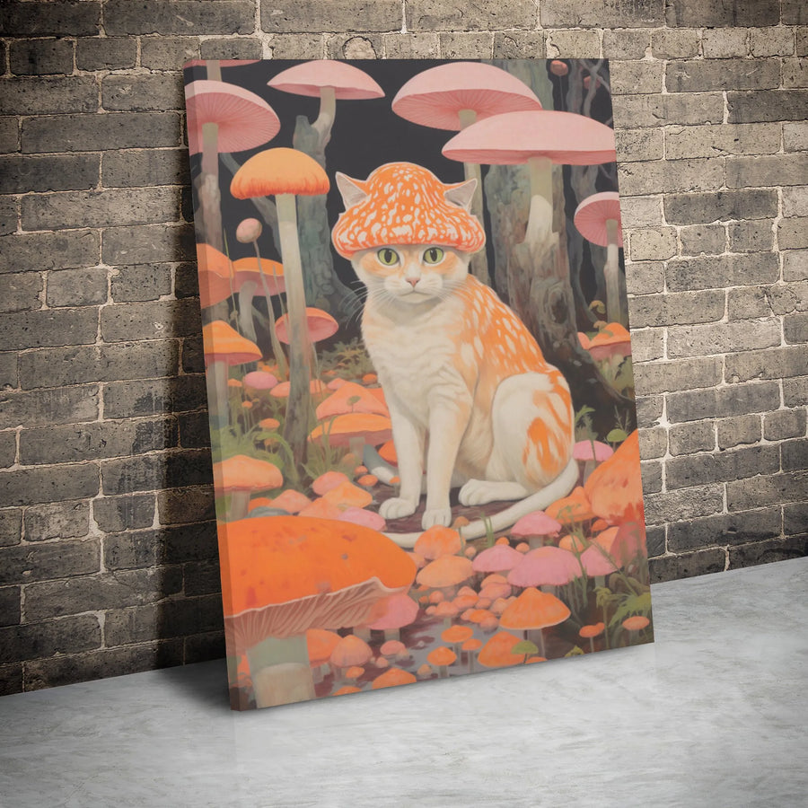 Orange Cat Canvas Print | Whimsical Mushroom Hat Forest Art | Premium Gallery Wrapped Decor | Nature Lover Gift Idea