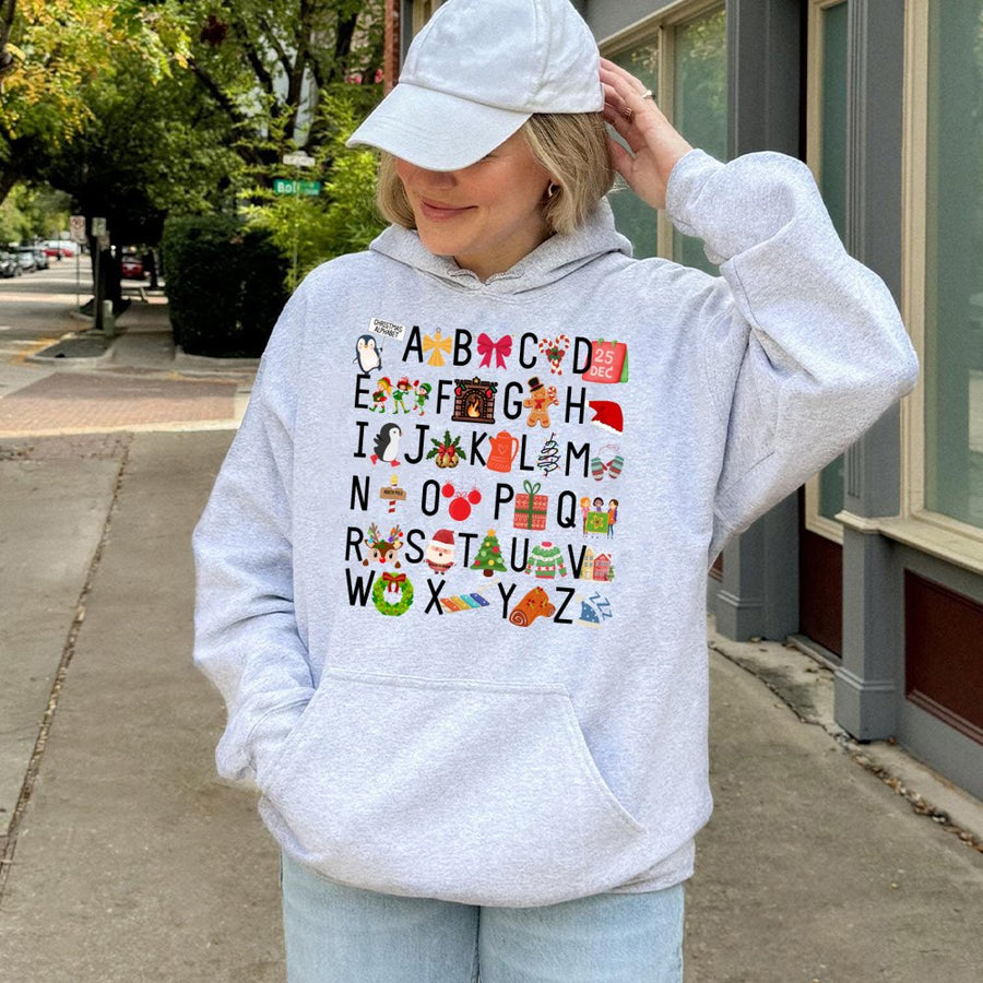 Christmas Alphabet Hoodie | Holiday ABC Teacher Graphic | Cotton-Poly Blend Sweatshirt | Cute Festive Gift for Teachers and Educators