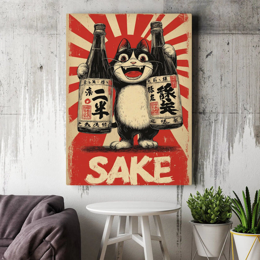 Japanese Sake Cat Canvas Wall Art | Vintage Retro Rising Sun Poster | Premium Gallery Wrap Decor | Unique Bar & Kitchen Gift for Cat Lovers