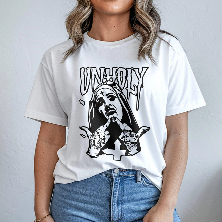 Unholy Nun Graphic T-Shirt | Edgy Gothic Streetwear | Premium 100% Cotton Tee | Dark Alt Aesthetic Gift for Men and Women