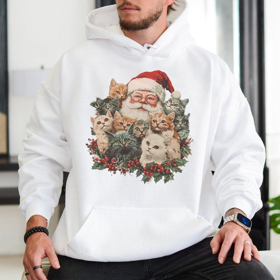 Santa Claus With Kittens Hoodie | Retro Christmas Cat Graphic | Premium Cotton Blend | Cozy Holiday Gift for Cat Lovers