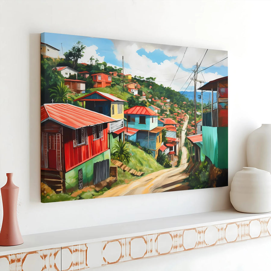 Caribbean Hillside Village Canvas Wall Art | Vibrant Coastal Town Painting | Gallery Quality Fade-Resistant Print | Travel Art Gift for Living Room Decor