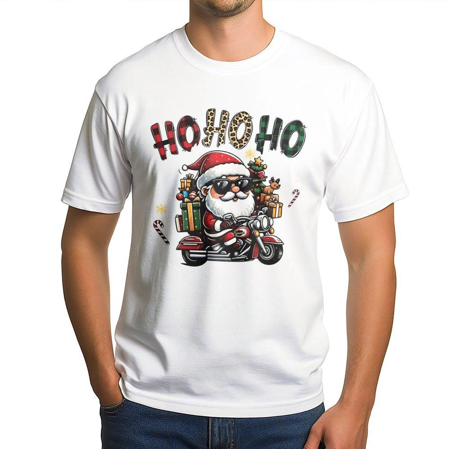 Cool Santa Motorcycle Christmas T-Shirt | Biker Santa Ho Ho Ho Graphic | Premium Soft Cotton Tee | Funny Holiday Gift for Him and Her