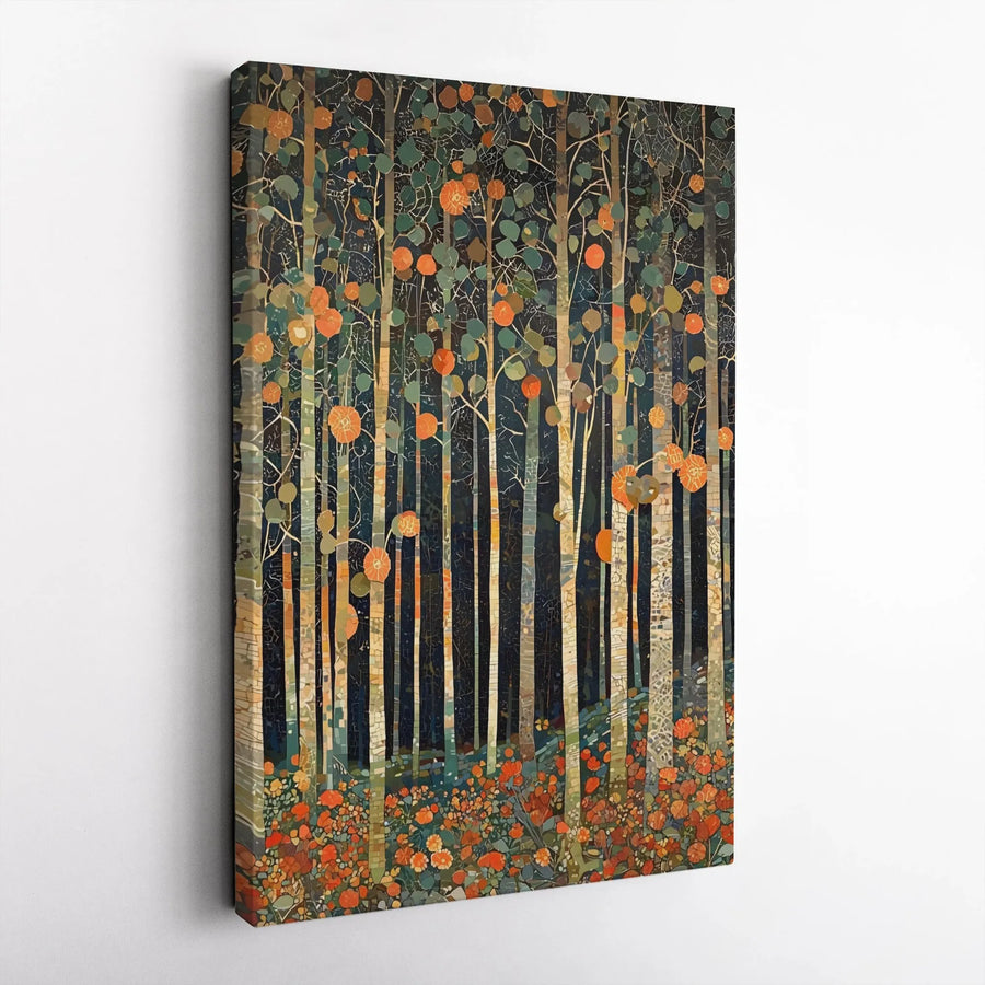 Abstract Forest Canvas Wall Art | Mosaic Woodland Landscape with Orange Flowers | Premium Fade-Resistant Gallery Wrap | Modern Home Office Decor