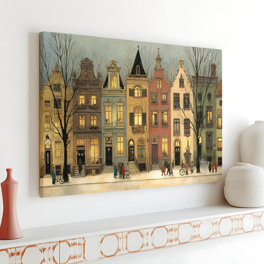 Vintage Amsterdam Winter Townhouses Horizontal Canvas | Cozy Snowy Street & Glowing Windows Illustration | Premium 1.25 Inch Gallery Wrap Wall Art | Charming Holiday Home Decor Gift