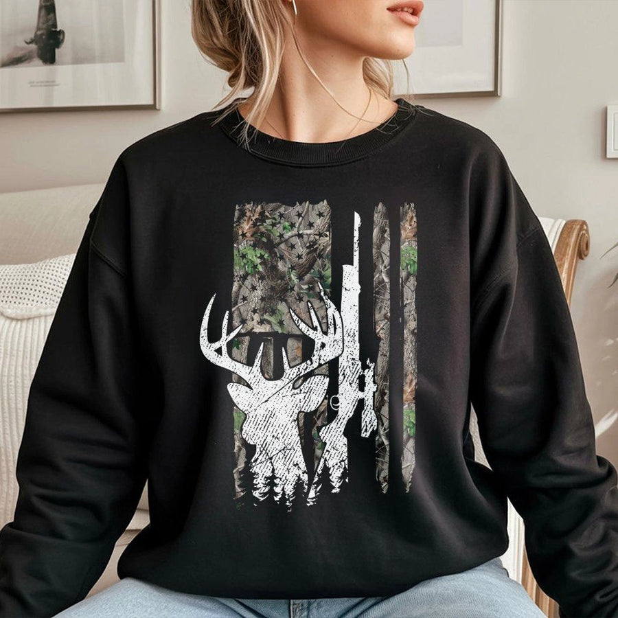 Deer Hunting Sweatshirt | Camo American Flag Buck Graphic | Cotton Blend Premium Pullover | Gift For Hunters And Outdoor Enthusiasts