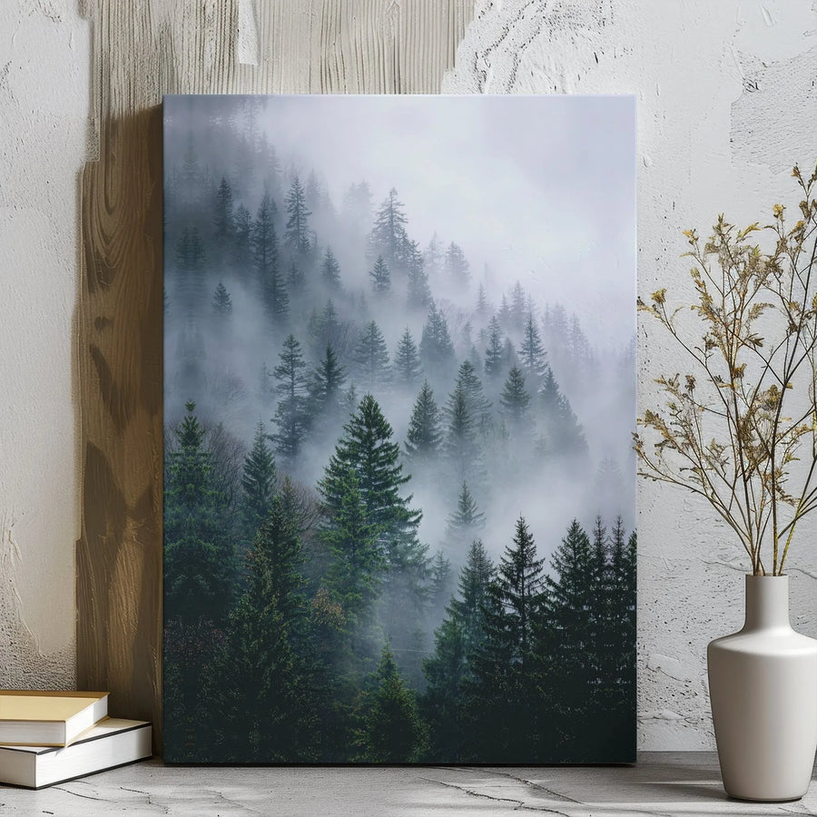 Misty Pine Forest Canvas Print | Moody Evergreen Nature Wall Art | 1.25 Inch Gallery Wrap | Serene Forest Landscape Decor for Living Room