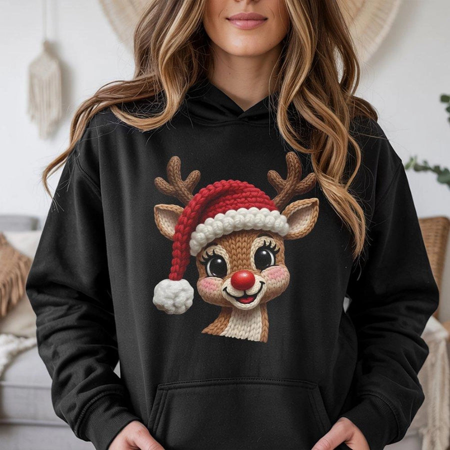 Reindeer Christmas Hoodie | Faux Knit Red Nose Reindeer Print | Premium Cotton-Blend | Unisex Holiday Gift for Men and Women