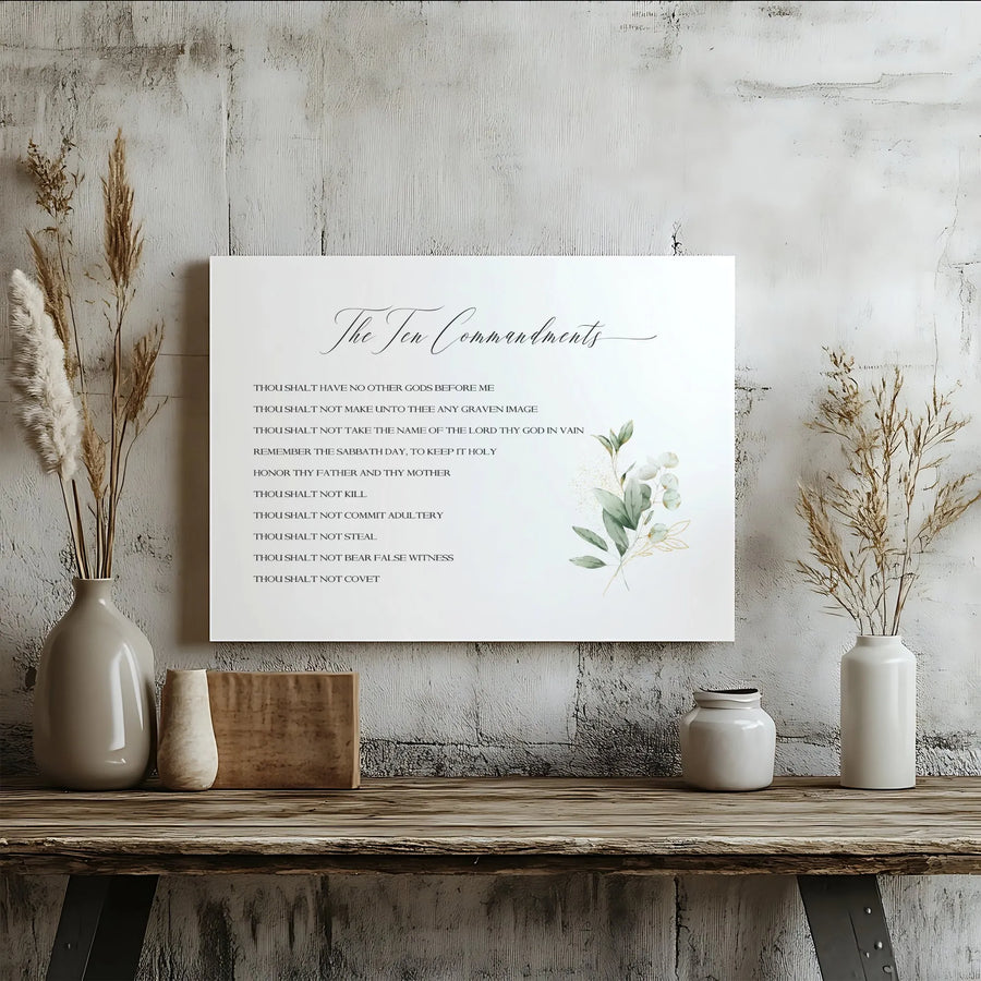 Ten Commandments Wall Art | Minimalist Eucalyptus Scripture Print | Premium Gallery Canvas | Christian Home Decor Gift