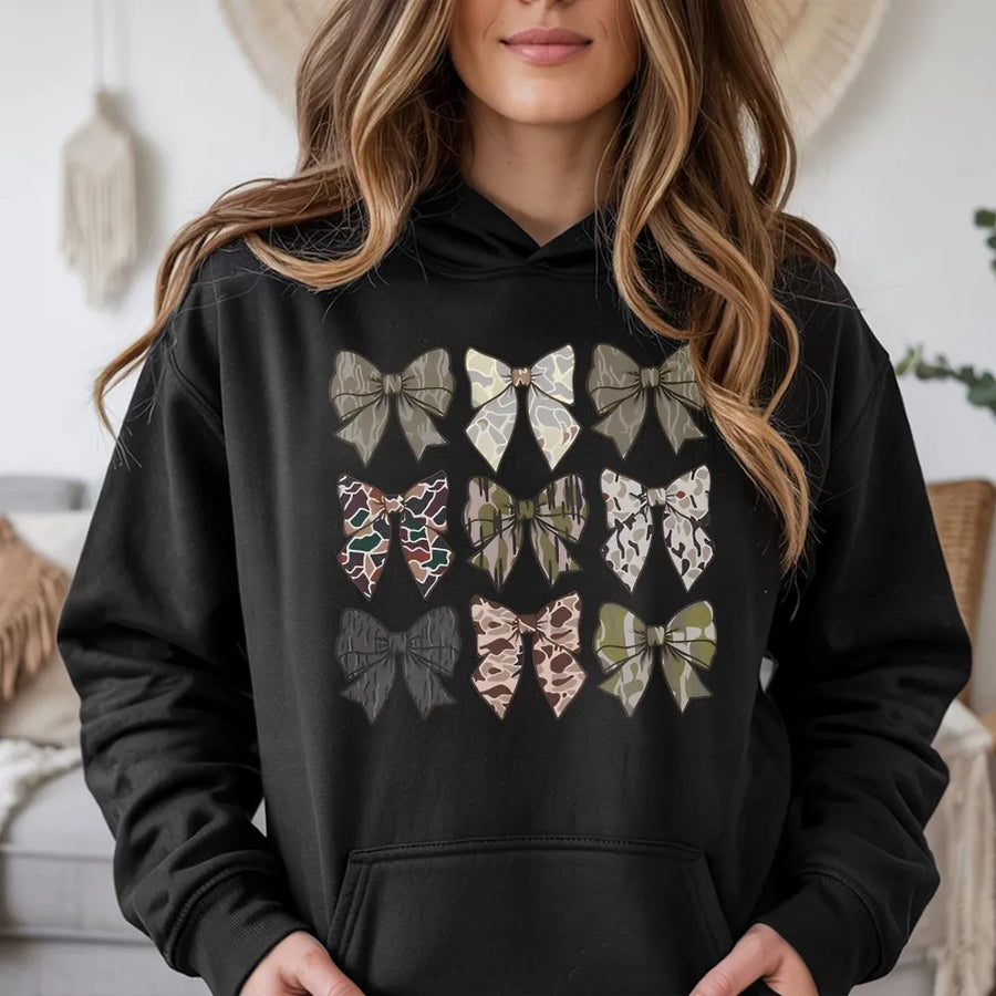 Camo Bow Hoodie | Trendy Girly Camouflage Aesthetic Print | Premium Soft Cotton Blend | Cute Southern Style Gift for Women and Teens