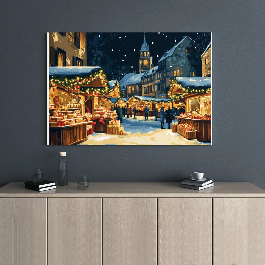 Christmas Market Canvas Print | European Winter Village Night Scene | Premium Gallery Wrap Wall Art | Festive Holiday Decor Gift