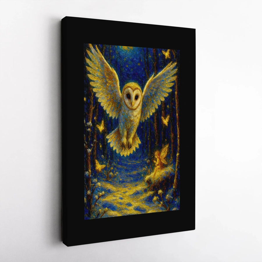 Barn Owl and Fairy Canvas Wall Art | Enchanted Forest Impasto Oil Painting Style | Premium Gallery Wrap | Whimsical Nature Decor Gift