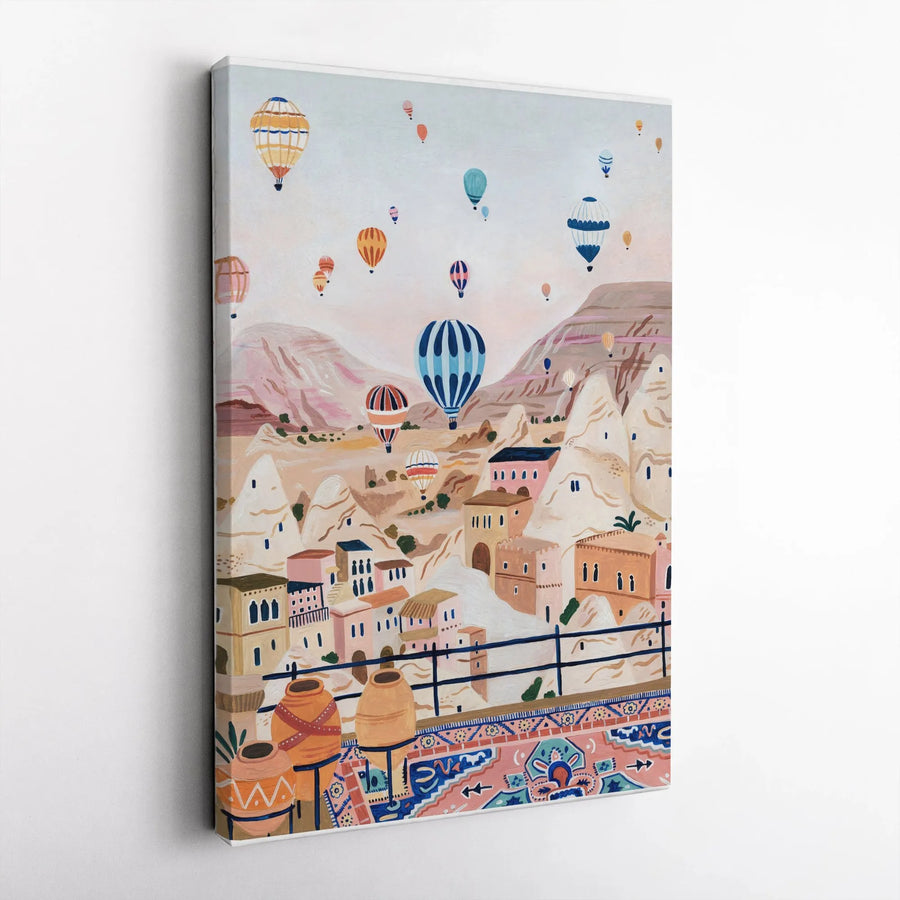 Cappadocia Hot Air Balloons Wall Art | Painterly Landscape Canvas Print | 1.25 Inch Gallery Wrap | Premium Travel Decor For Wanderlust Lovers
