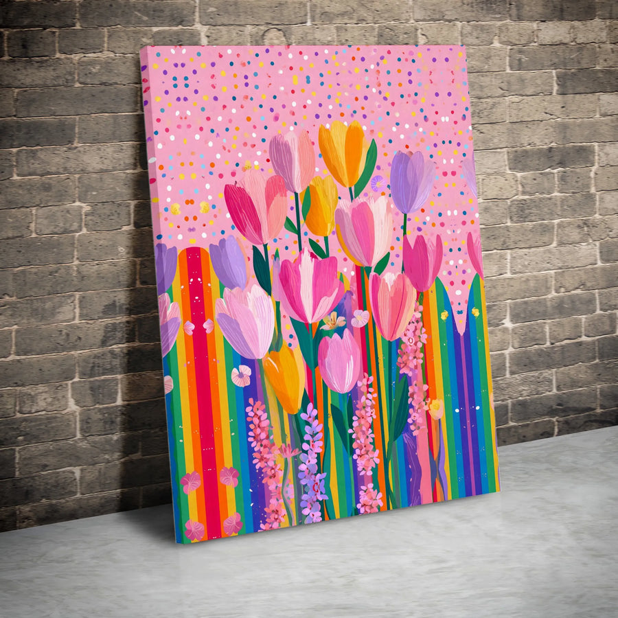 Rainbow Tulip Canvas Print | Vibrant Spring Floral Painting | Premium Framed Wall Decor | Gift for Her, Kids Room Decor
