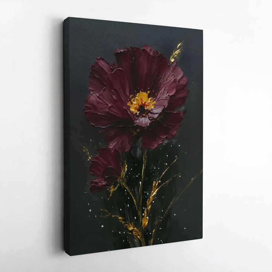 Burgundy Floral Canvas Wall Art | 3D Textured Flower with Gold Accents | Premium Gallery Wrapped Canvas | Modern Botanical Art for Living Room