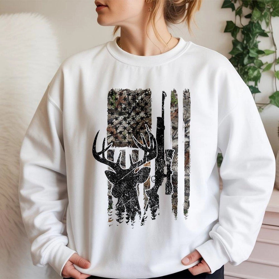 Deer Hunting Sweatshirt | Camo American Flag Buck Graphic | Premium Cotton Blend Crewneck | Outdoor Hunter Gift For Men & Women