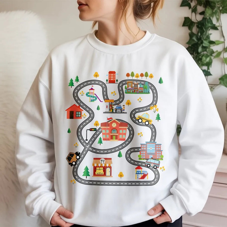 Car Track Dad Sweatshirt | Interactive Road Map Play Print | Premium Cotton Blend | Funny Father's Day 2026 Gift for Dads