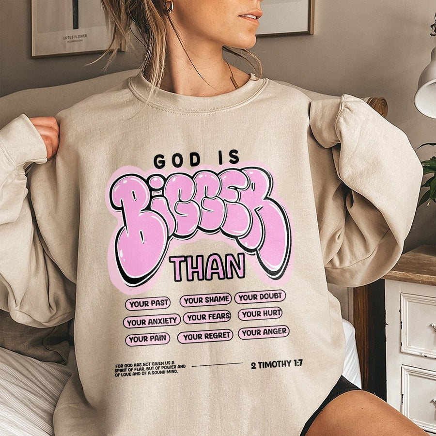 God Is Bigger Than Sweatshirt | Scripture Verse 2 Timothy 1:7 Graphic | Premium Cotton Blend Crewneck | Christian Faith Apparel Gift for Women