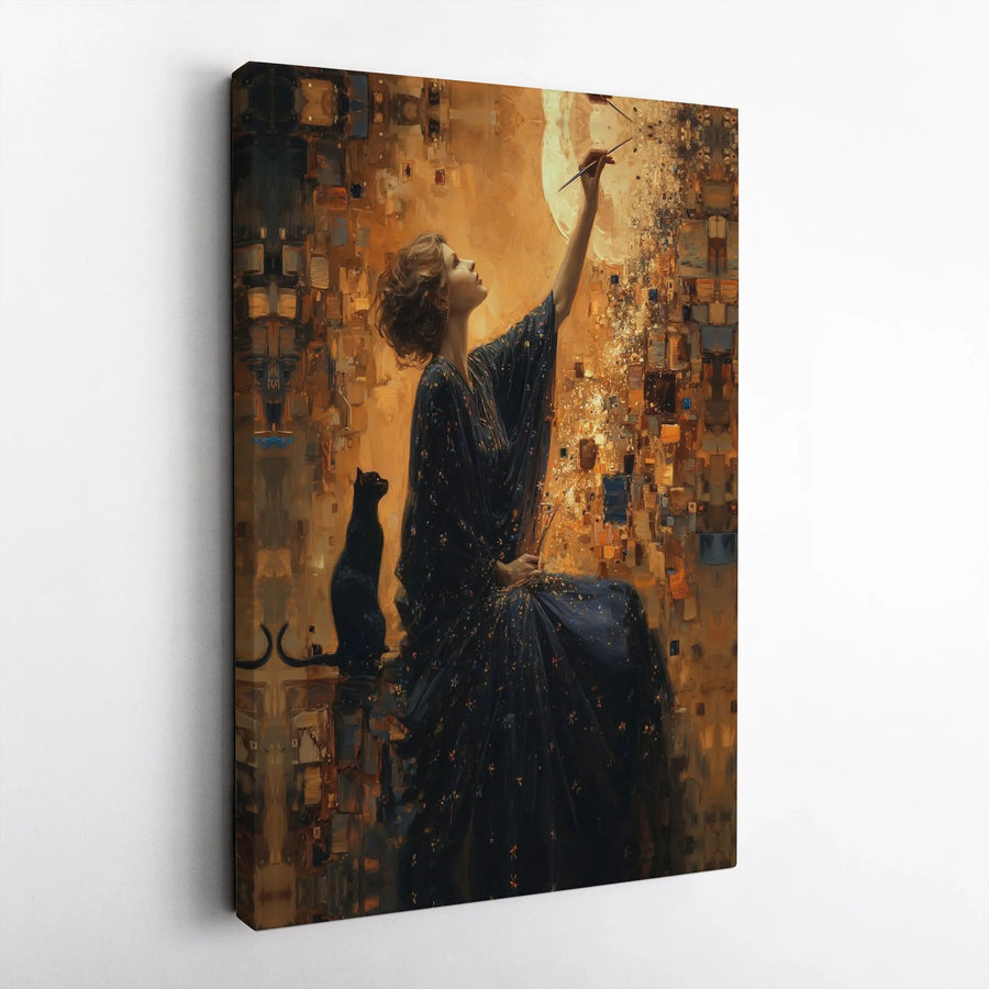 Celestial Artist Canvas Print | Woman Painting Moon with Black Cat | Premium Gallery Wrapped Art | Mystical Home Decor Gift