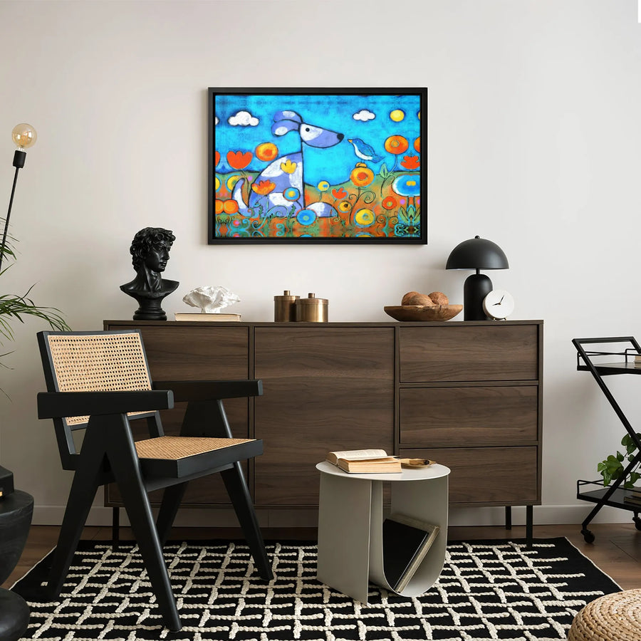 Whimsical Dog and Bird Wall Art | Colorful Folk Art Style Canvas | Premium Fade-Resistant Print | Nursery and Kids Room Decor Gift