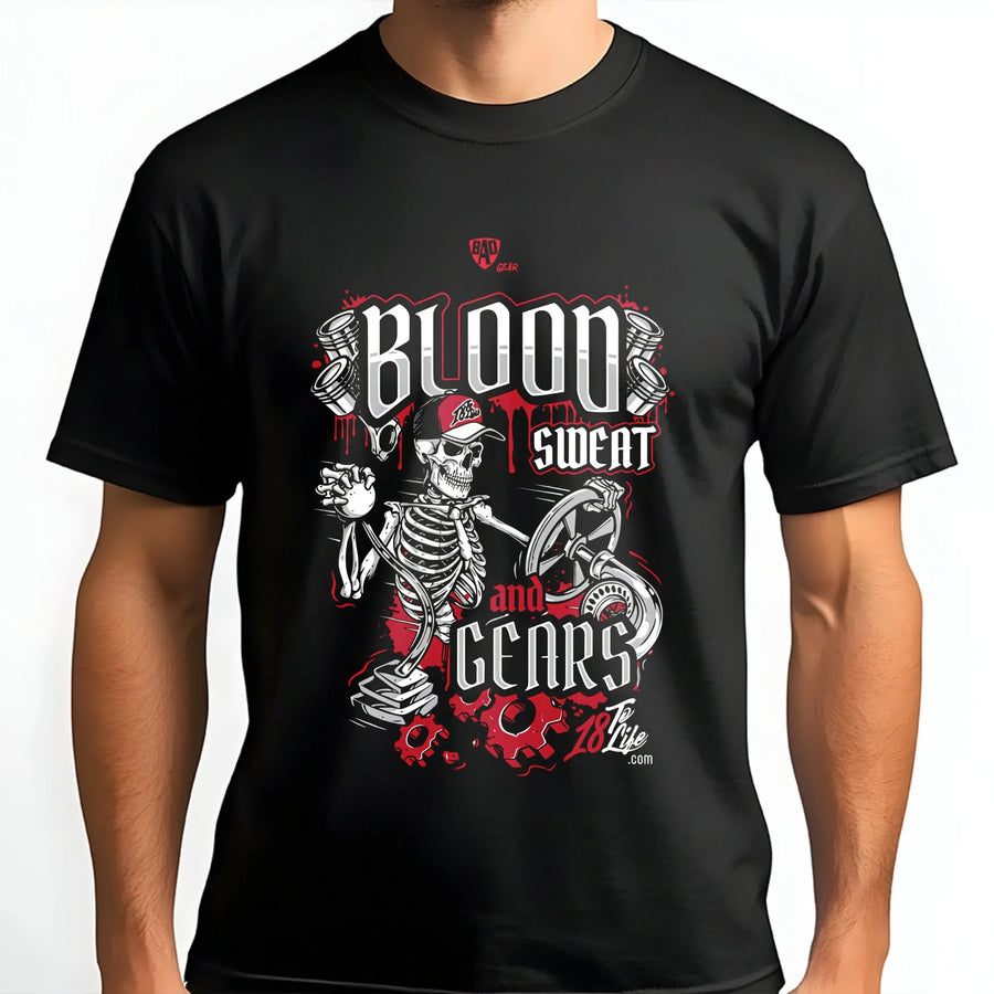 Blood Sweat And Gears T-Shirt | Mechanic Skeleton Graphic Tee | Premium Cotton Casual Wear | Gift For Truckers, Diesel Mechanics & Gearheads